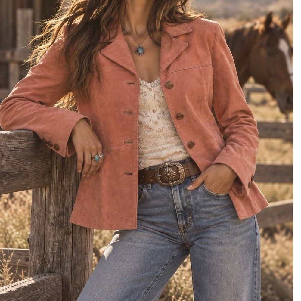 Vintage Y2K Wilsons Leather Baby Pink Suede Jacket Size XL Western Indie